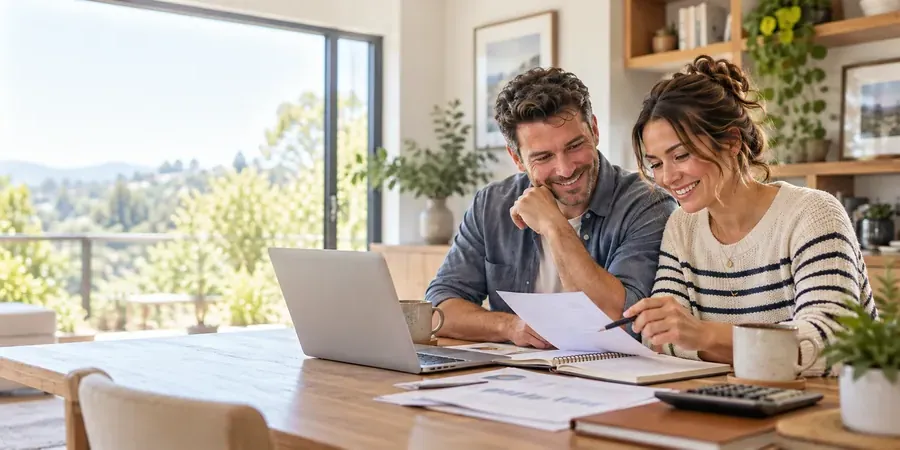 A couple smiling over paperwork and a laptop at the kitchen table