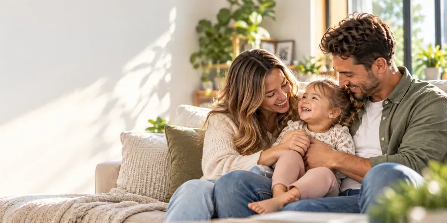 Parents laughing with their young daughter on the couch at home