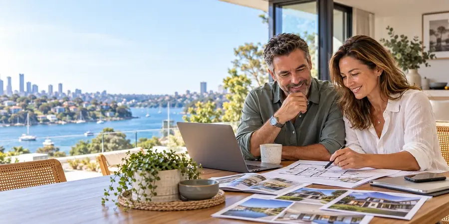 A couple at a table looking over property brochures and a floor plan