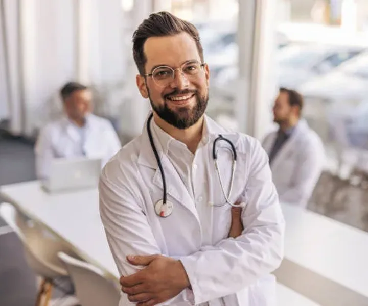 A doctor in a white coat with a stethoscope, standing in a bright clinic